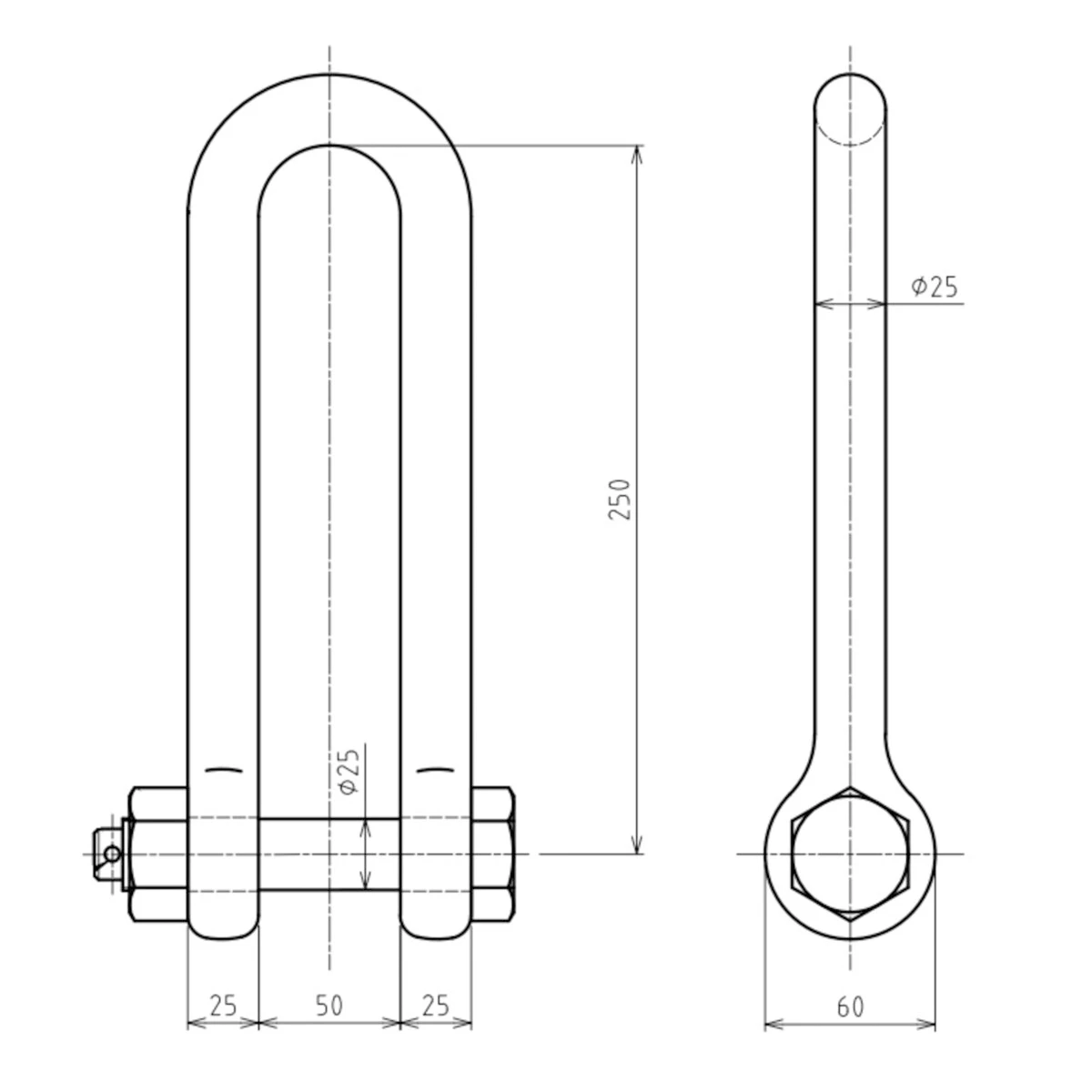 強力長シャックル 25×250mm 8ton